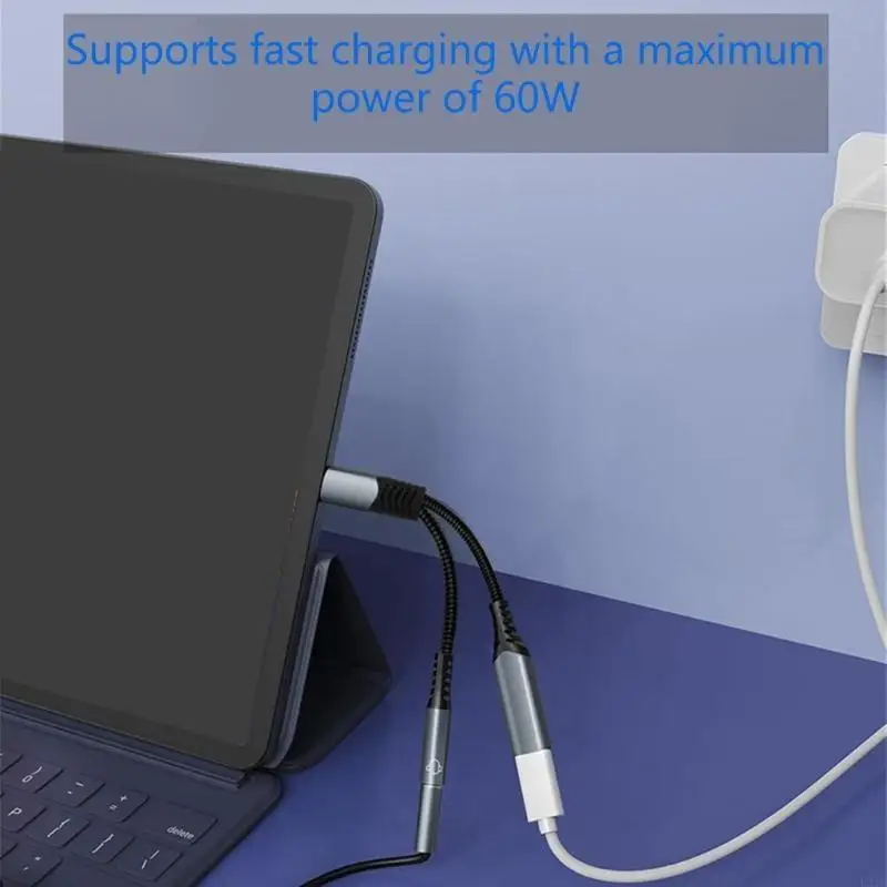 2025 جديد مضفر كابل USB C الفاصل لسماعات الرأس 3.5 ملم و PD60W شحن بسرعة 24K موصلات الذهب المطلي بالذهب