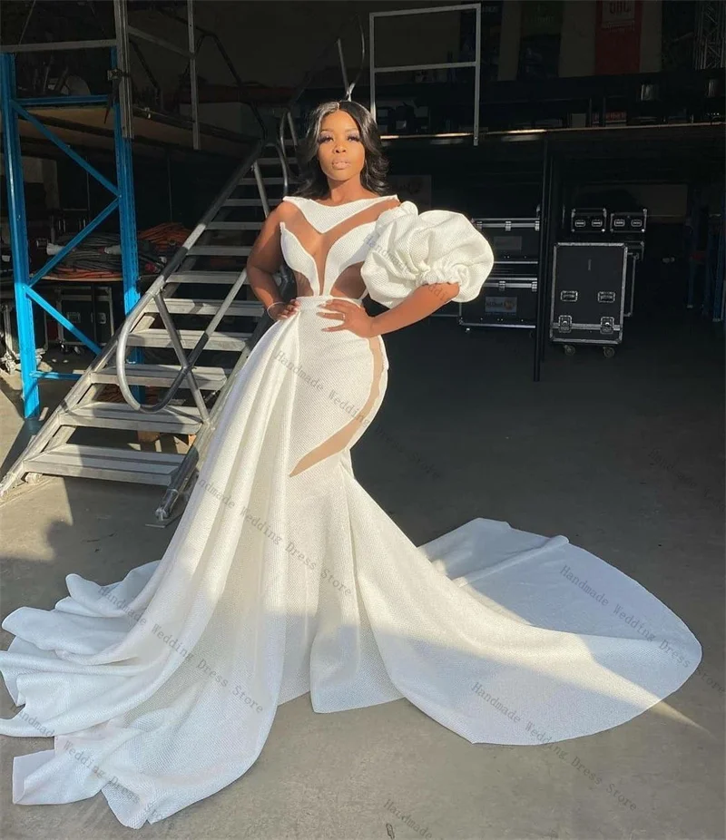 

White Overskirt Prom Dress Sexy Sheer See Through Mermaid Bridal Evening Gown Customized Lace Up Back Church Long Robe