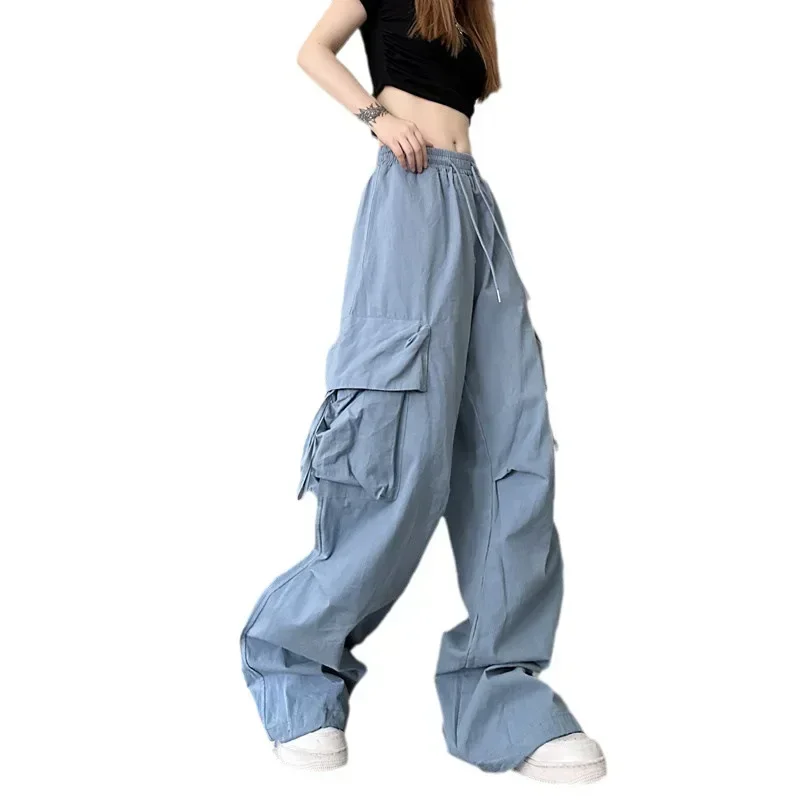 새로운 패션 Drawstring 여성 카고 바지 높은 허리 streetwear 힙합 y2k 바지 큰 주머니 캐주얼 한국 여성 바지