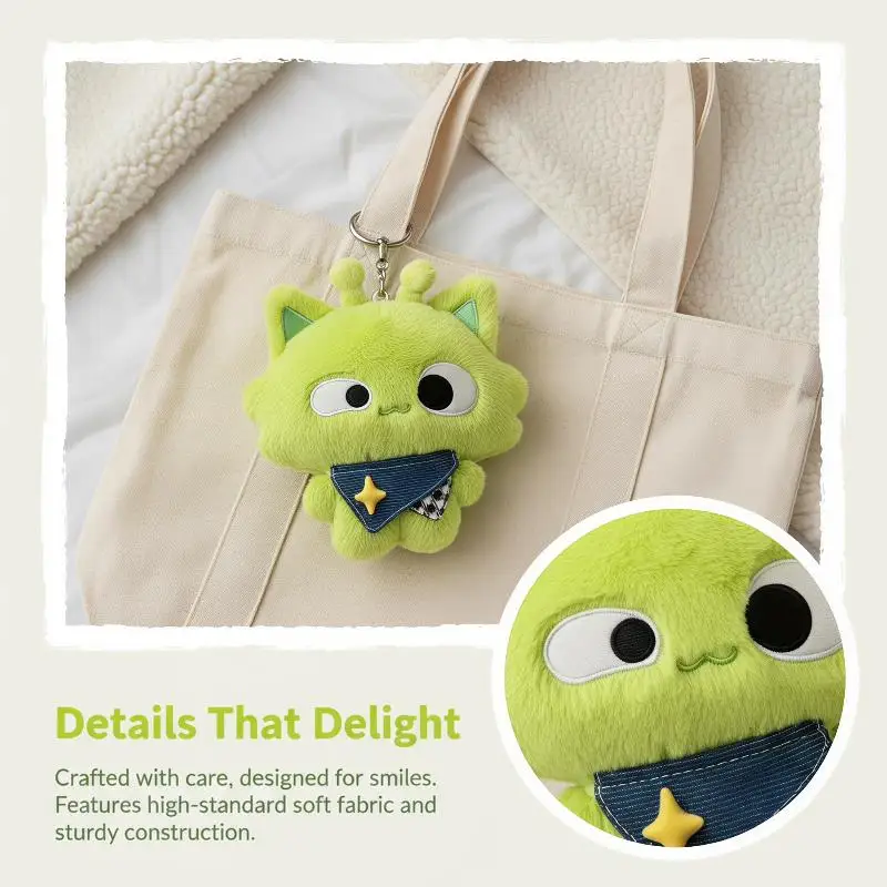 Green Alien Cat Stuffed Plush Keychain 1Pcs Soft Fluffy with Bib Cute Pendant for Handbag Decoration
