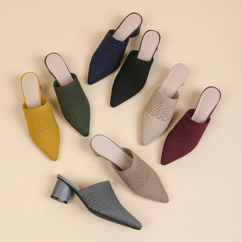 Pointed toe, closed back, chunky heel, high-heeled sandals, fabric, fishnet, hollowed out, breathable, knitted