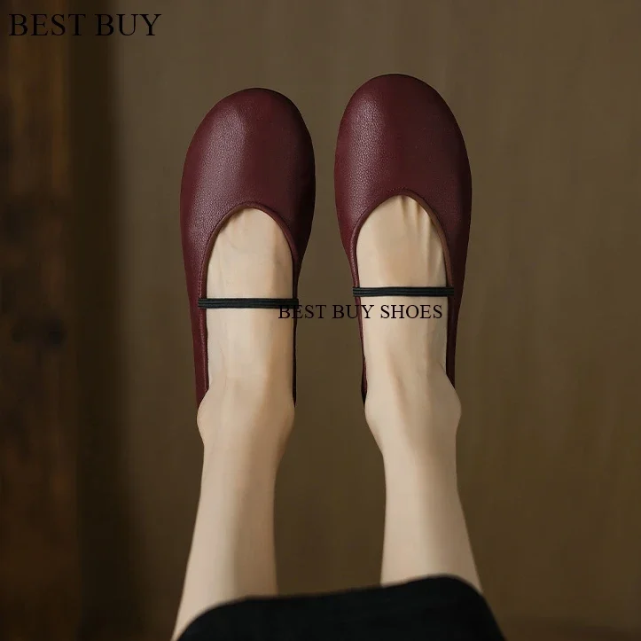 New Stylish Red Shallow Mouth Ballet Shoes Flat Black White Soft Leather Round Toe Slip on Simple Style Ballerina Cute Mules