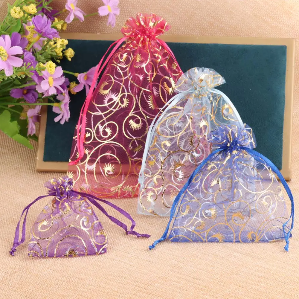 50pcs/lot 9x12cm Gold Eyelash Print Mesh Organza Pouch Gift Jewelry Drawstring Bag