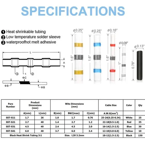 Imagen 2 del producto Conector de cable de sellado de soldadura, 250 Uds., 530 Uds., Kit de conector a tope de tubo termorretráctil, aislamiento marino automotriz con pistola de aire caliente de 300W