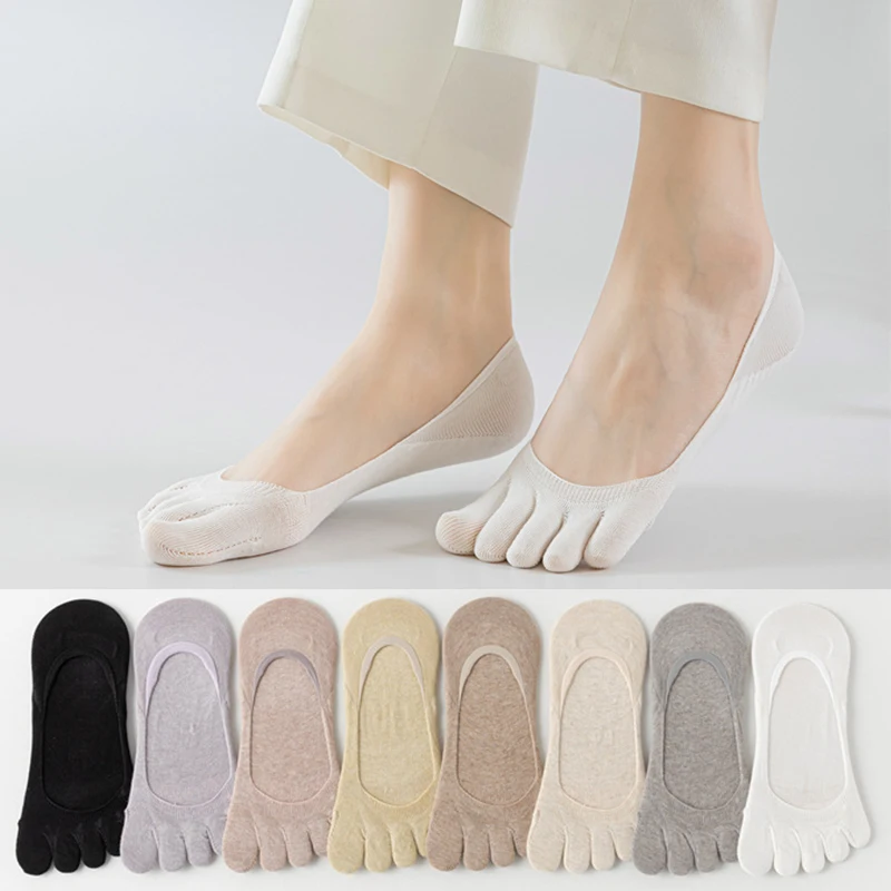1 par de calcetines de verano para mujer, de cinco dedos, de algodón puro, color caramelo, delgados, transpirables, con silicona antideslizante, de punta dividida, tipo calcetín bajo.
