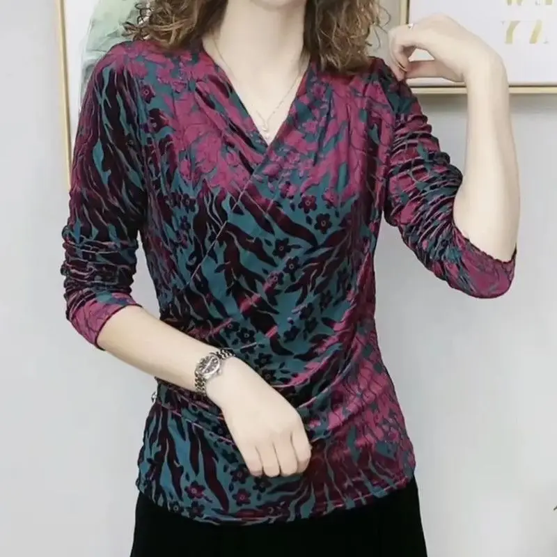 

Stylish Jacquard Weave Pullovers Casual Long Sleeve Female Folds 2023 Spring Autumn Elegant V-Neck Asymmetrical Spliced T-shirt