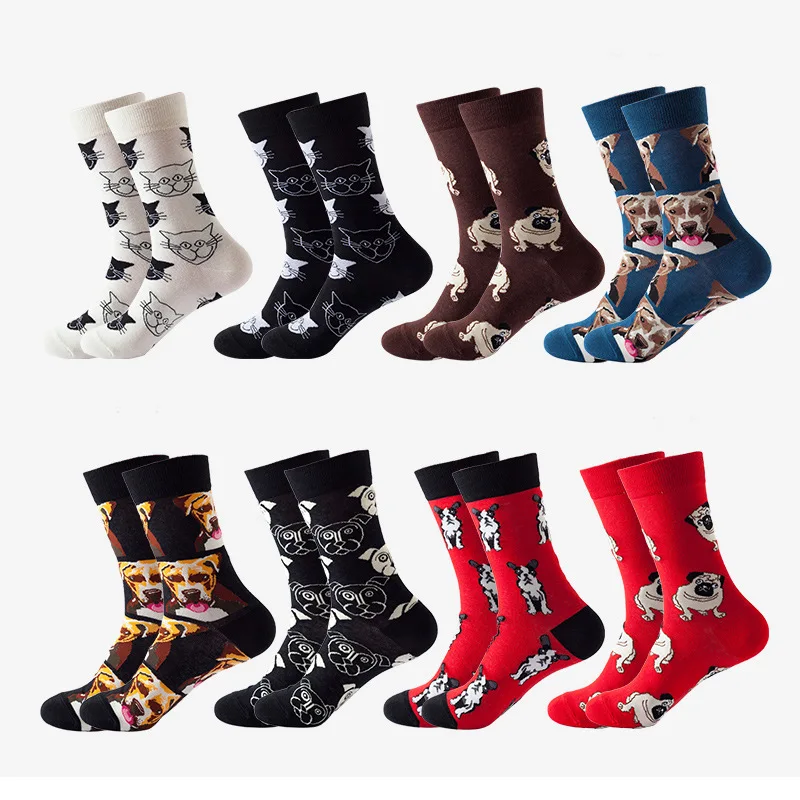 Funny Cartoon Animal Men Socks Middle Tube Cotton Colorful Dog Cat Patterns Crew Socks Soft Red Black White Color Socks