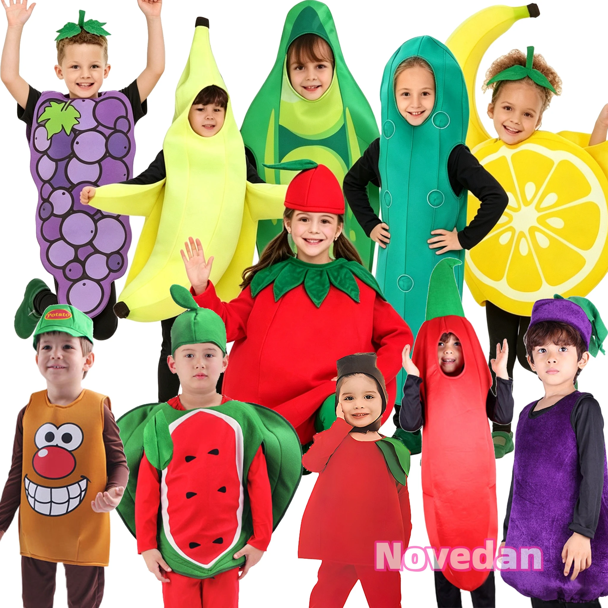 Funny Fruit Costume Vegetable Outfit for Kids Grape Carrot Pepper Watermelon Tomato Apple Banana Potato Head Jumpsuit Cosplay