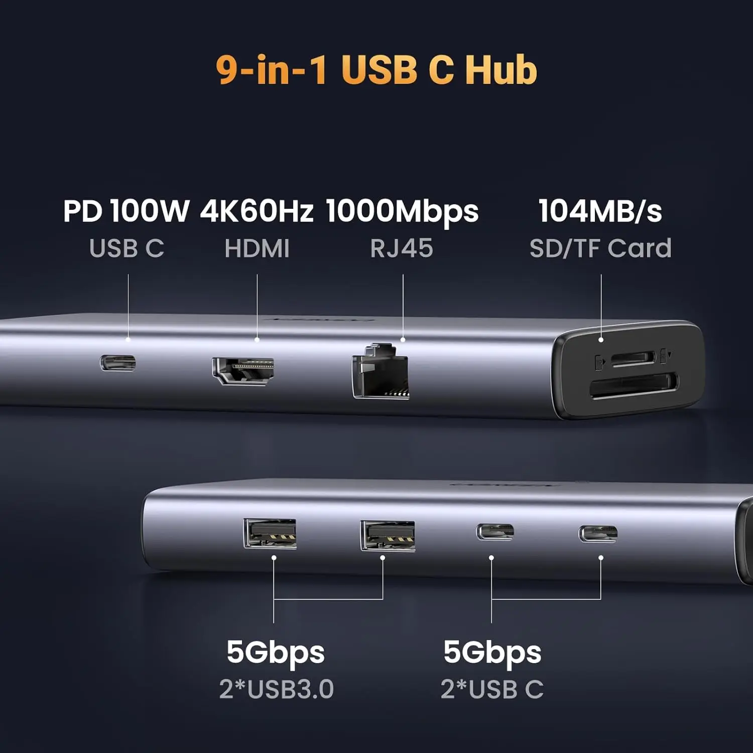 UGREEN Revodok 9 in 1 USB C Hub Gigabit Ethernet Adapter 4K@60Hz-HDMI, 100W PD Charging,USB A&C Data Ports, SD/TF Card Reader