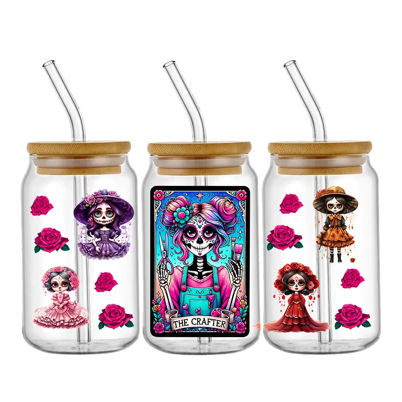 Cartoon Halloween Funny Libbey 16oz UV DTF Cup Wrap Glass Can Wrap DIY Sticker Permanent Adhesive Waterproof Washable