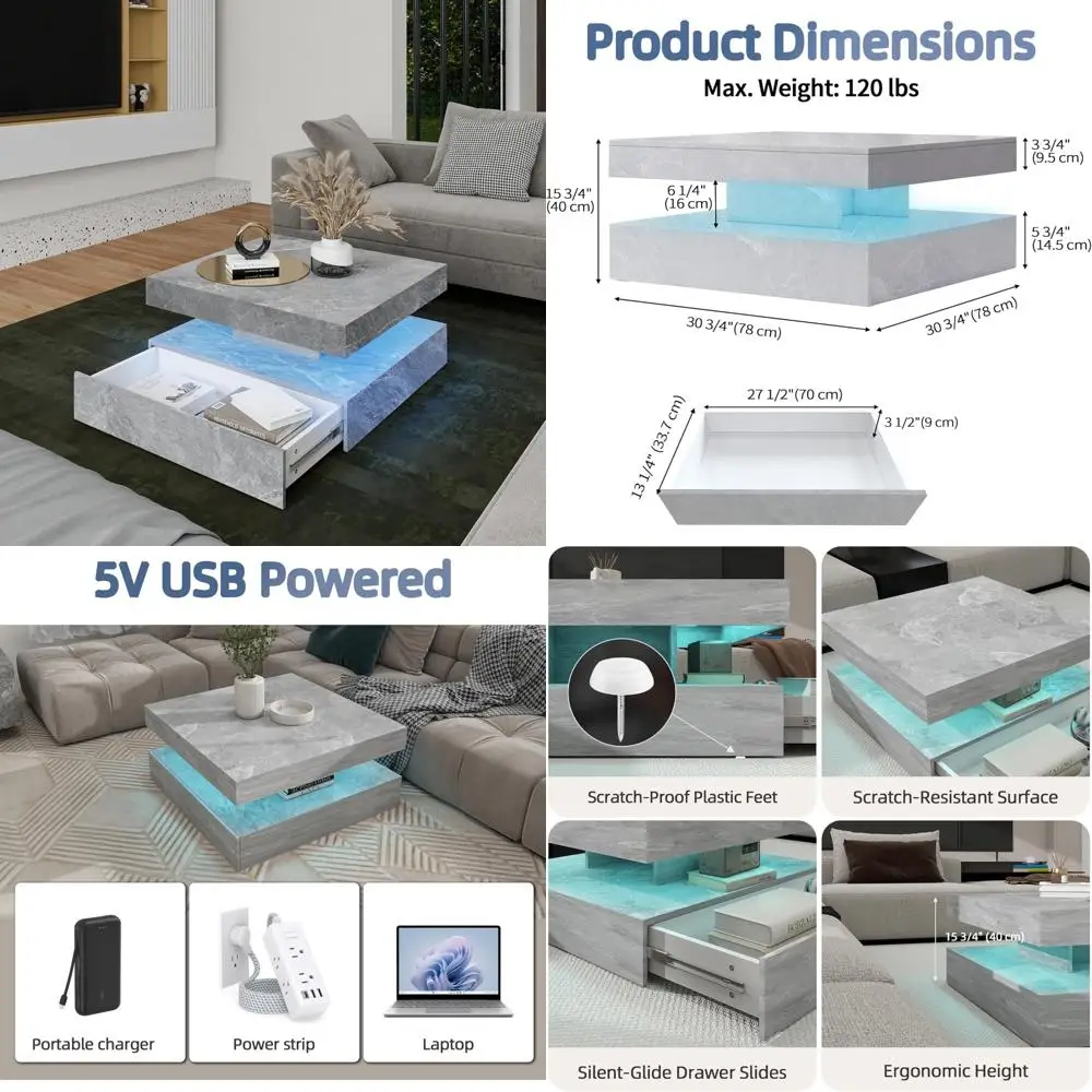 

светодиодный журнальный столик для гостиной, 2-уровневый современный квадратный центральный стол с музыкальной синхронизацией, глянцевая поверхность, 30,75 x 30,75 дюйма