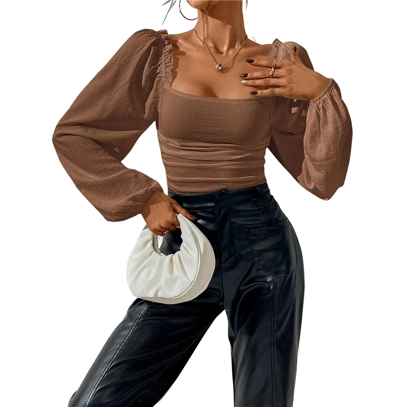 

CGS-Женские укороченные топы с квадратным вырезом и длинными рукавами, блузка с пышными рукавами и рюшами