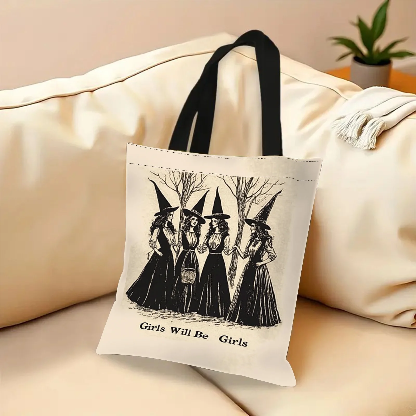 1pc Vintage Witch Tote Bag Gothic Halloween Shopping Bag With Girls Will Be Girls Halloween Parties Shoulder Bag Decorations