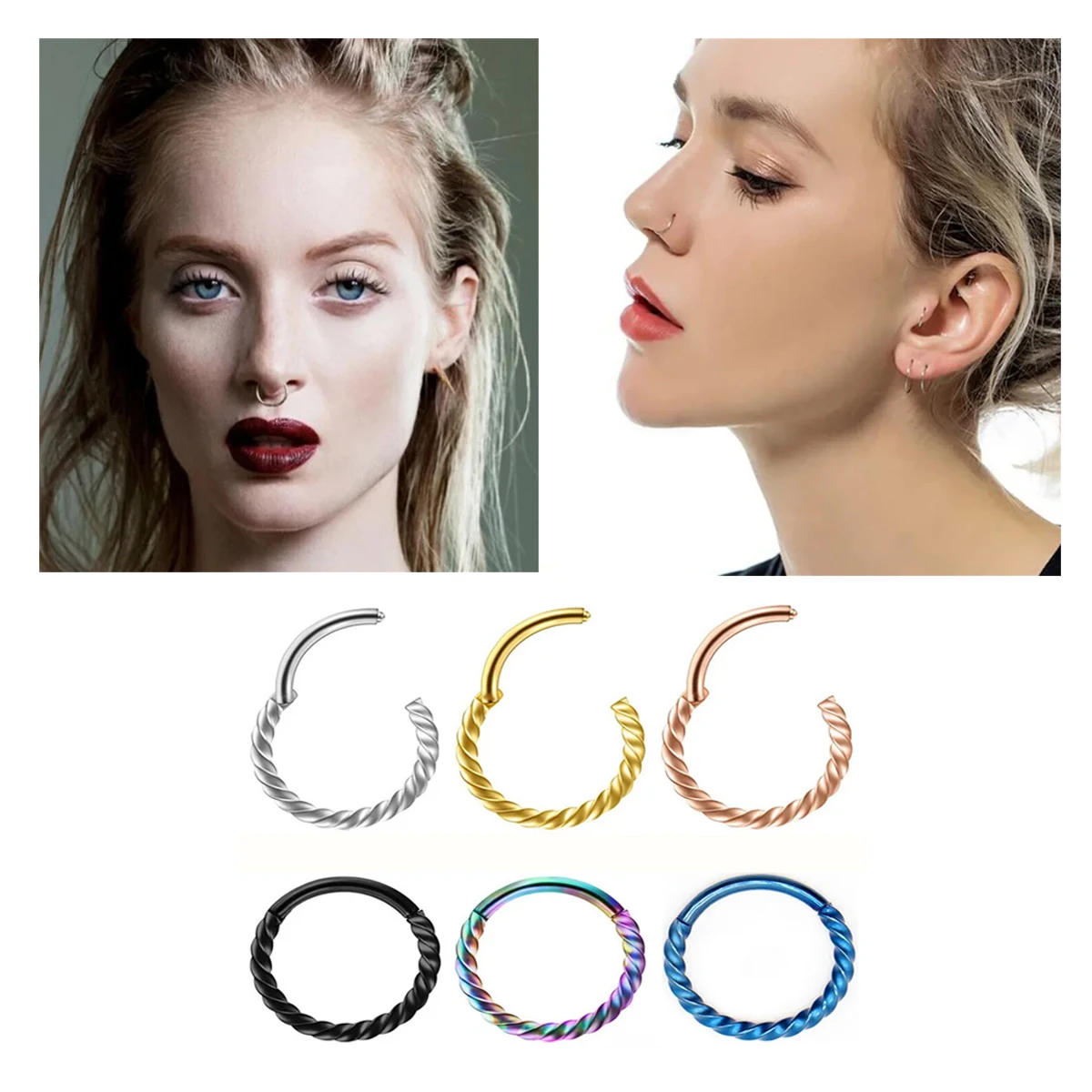 2pcs 316L Stainless Steel Twist Hinged Septum Nose Rings Hoops,Septum Clicker Cartilage Tragus Helix Ear Piercing jewelry