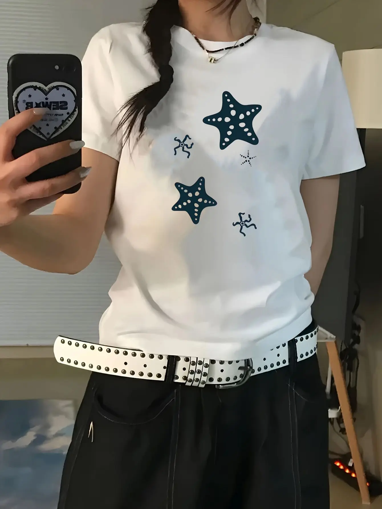 

Women's White Turquoise Starfish Print Short Sleeve T-Shirt Summer Beachwea Summer Short sleeved Harajuku streetwear Tops Tees