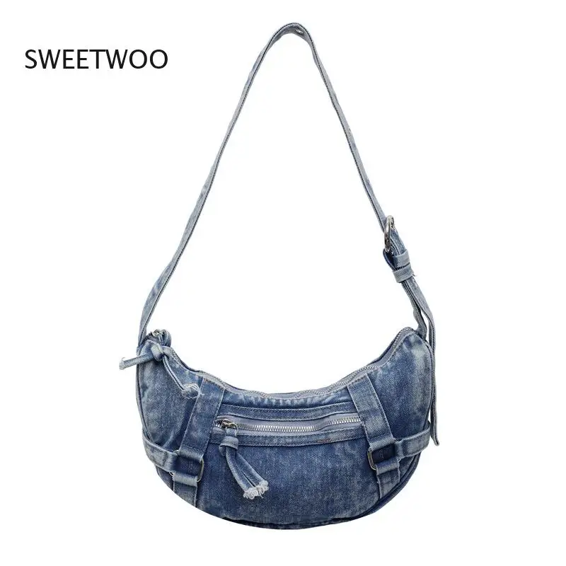 

Women's Cargo Denim Hobo Bag, Adjustable Strap Crossbody Purse with Buckle Details, Casual Streetwear Handbag