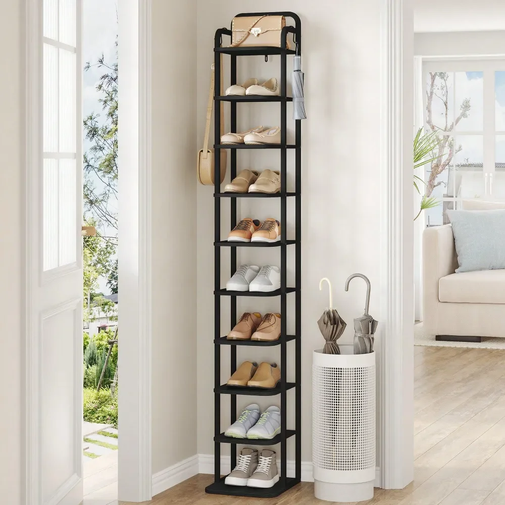 

Вертикальная полка для обуви на 10 ярусов, узкая подставка для обуви, высокая полка для обуви с 2 крючками, регулируемые полки, угловые полки для обуви для небольших помещений