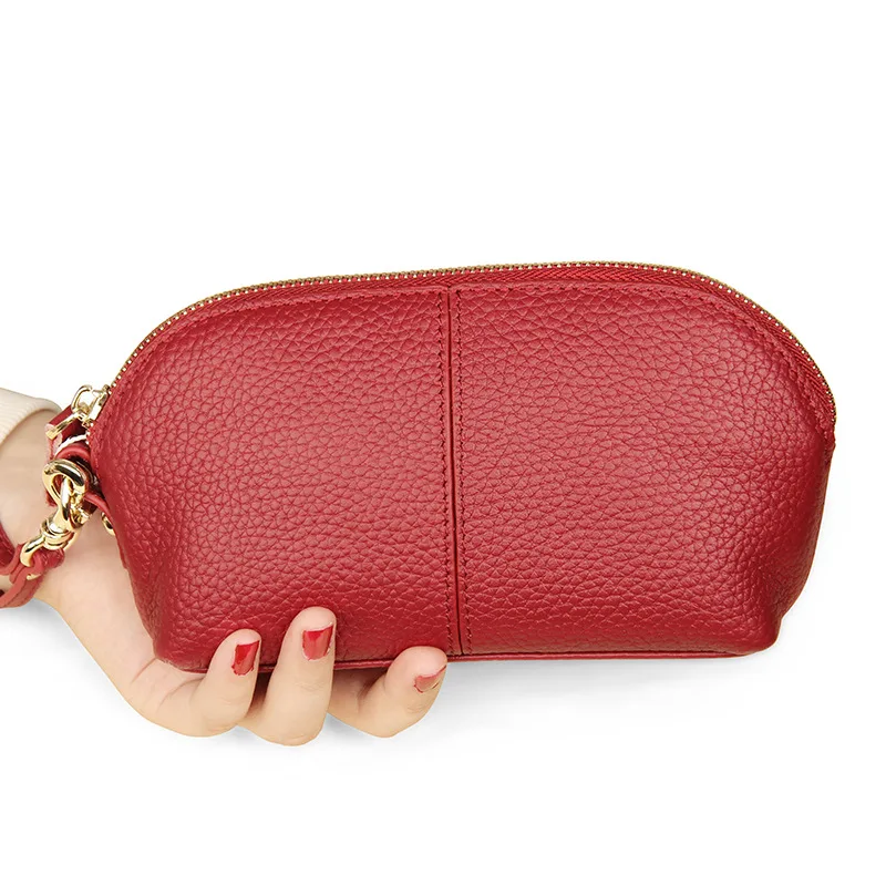 Small Genuine Leather Purse Women Long Wristlet Cowhide Wallet Muti Card Holder Phone Bag With Hand Strap