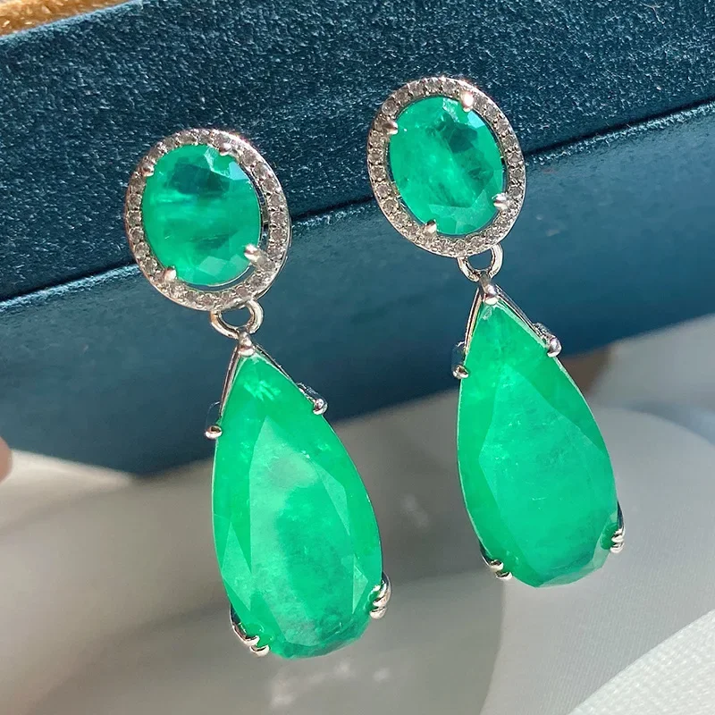 

Charms 925 Sterling Silver Drop Big Earrings Women Vintage Green Crystal Water Droplets Gemstone Wedding Earrings Fine Jewelry