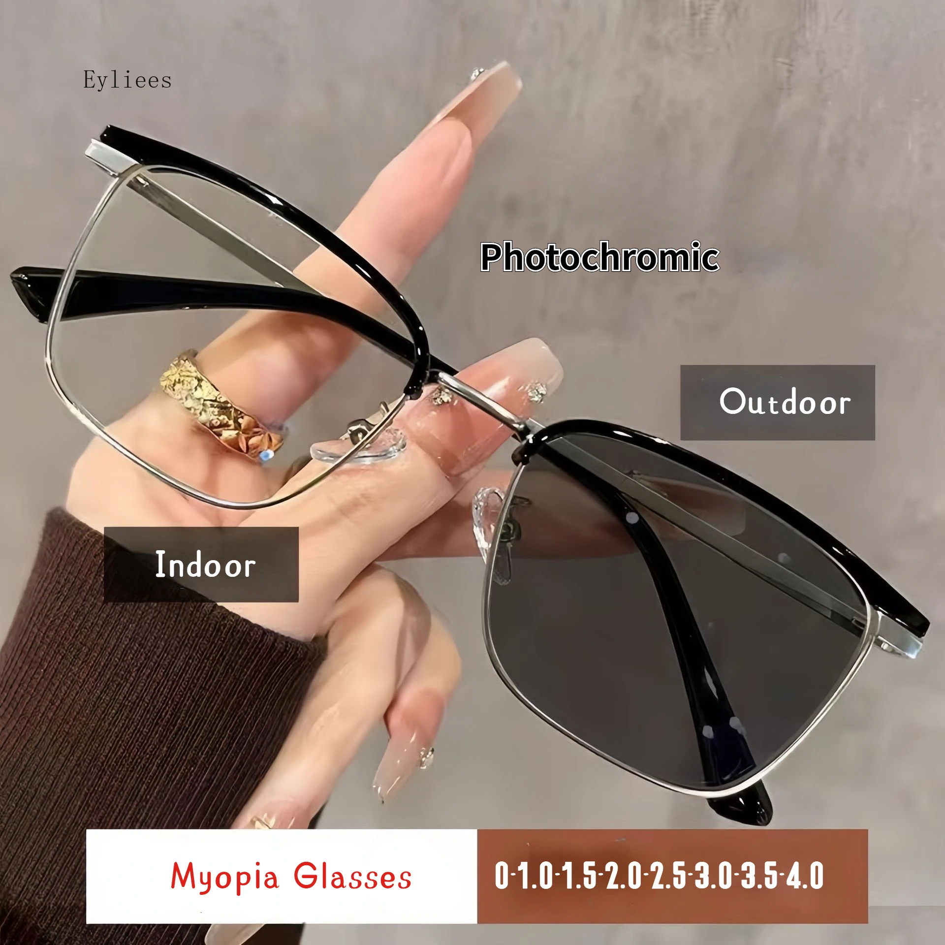 Finished Photochromic Myopia Glasses Women Men Blue Light Blocking Half Frame Near Sight Sunglasses Intelligent Minus Eyeglasses