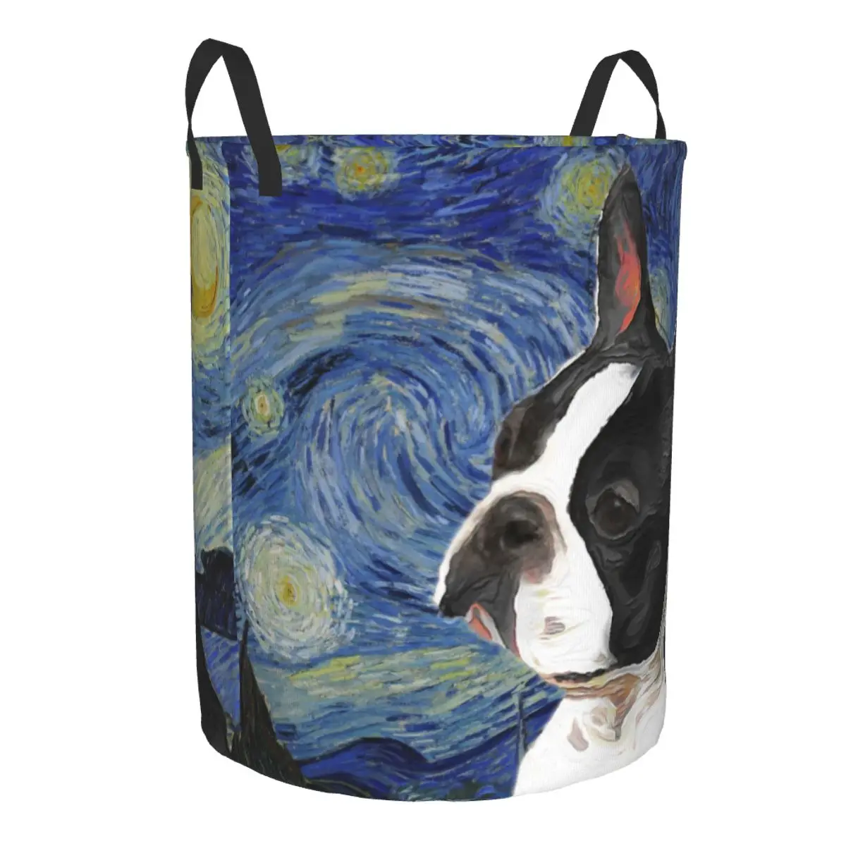 Boston Terrier Art Van Gogh Starry Night Laundry Hamper Large Clothes Storage Basket Puppy Dog Art Animal Toys Bin Organizer for