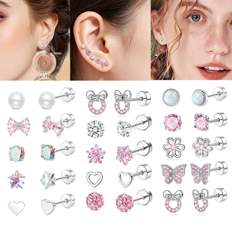 10-piece/Set Flat Bottom Pink Heart Flower Stud Earrings for Women Stainless Steel Tragus Cartilage Ear Piercing Jewelry