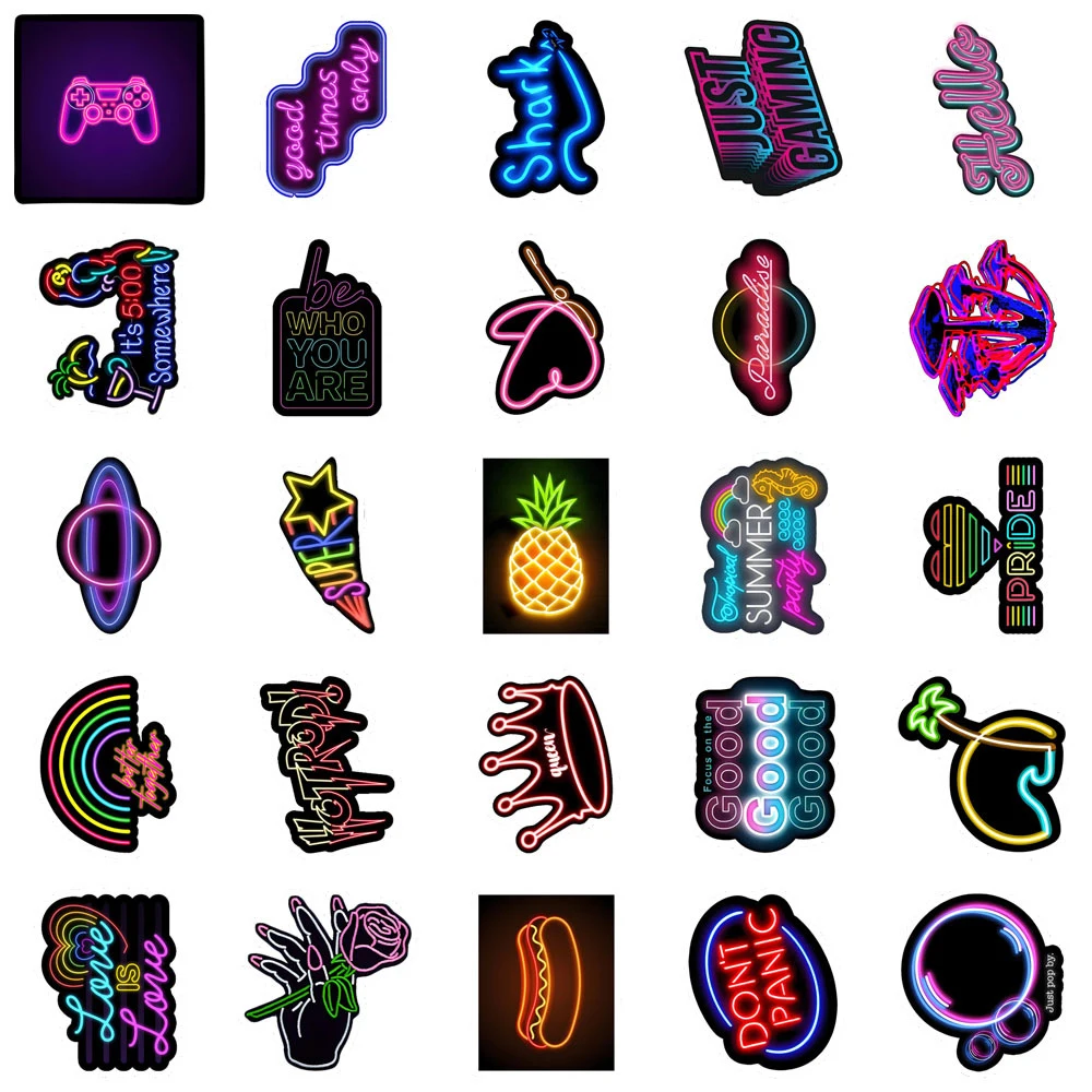 10/30/50pcs Cool Cartoon Neon Lights Graffiti Stickers Esthetische Decals Laptop Koelkast Plakboek Dagboek Decoratie sticker Kid Speelgoed