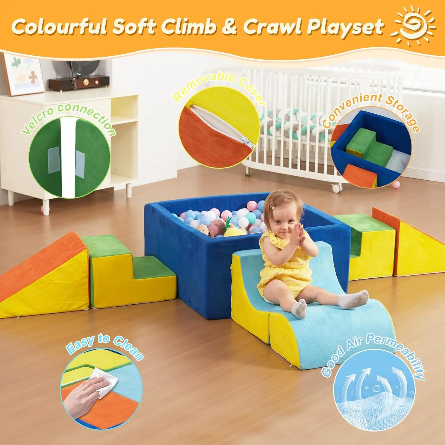 Weiche Schaumstoff-Kletterblöcke, Bällebad, 6 Stück, weiches Spiel-Kletterspielzeug für Kleinkinder im Innenbereich zum Krabbeln, Schiebebäude (Bälle nicht im Lieferumfang enthalten).