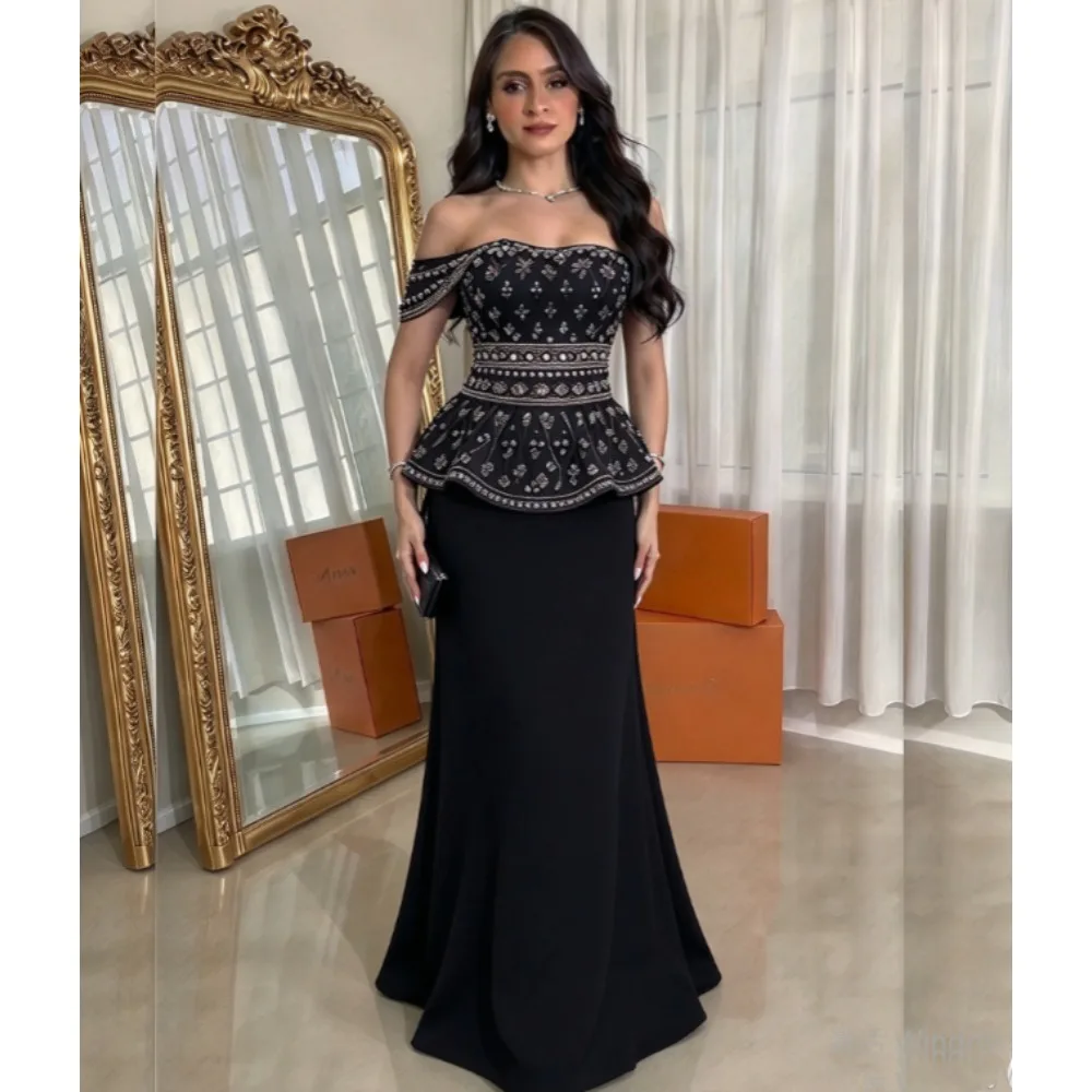 Robes de soirée longues sirène personnalisées, à épaules dénudées, avec motif plissé complexe en jersey et sequins, de luxe, style célébrité classique