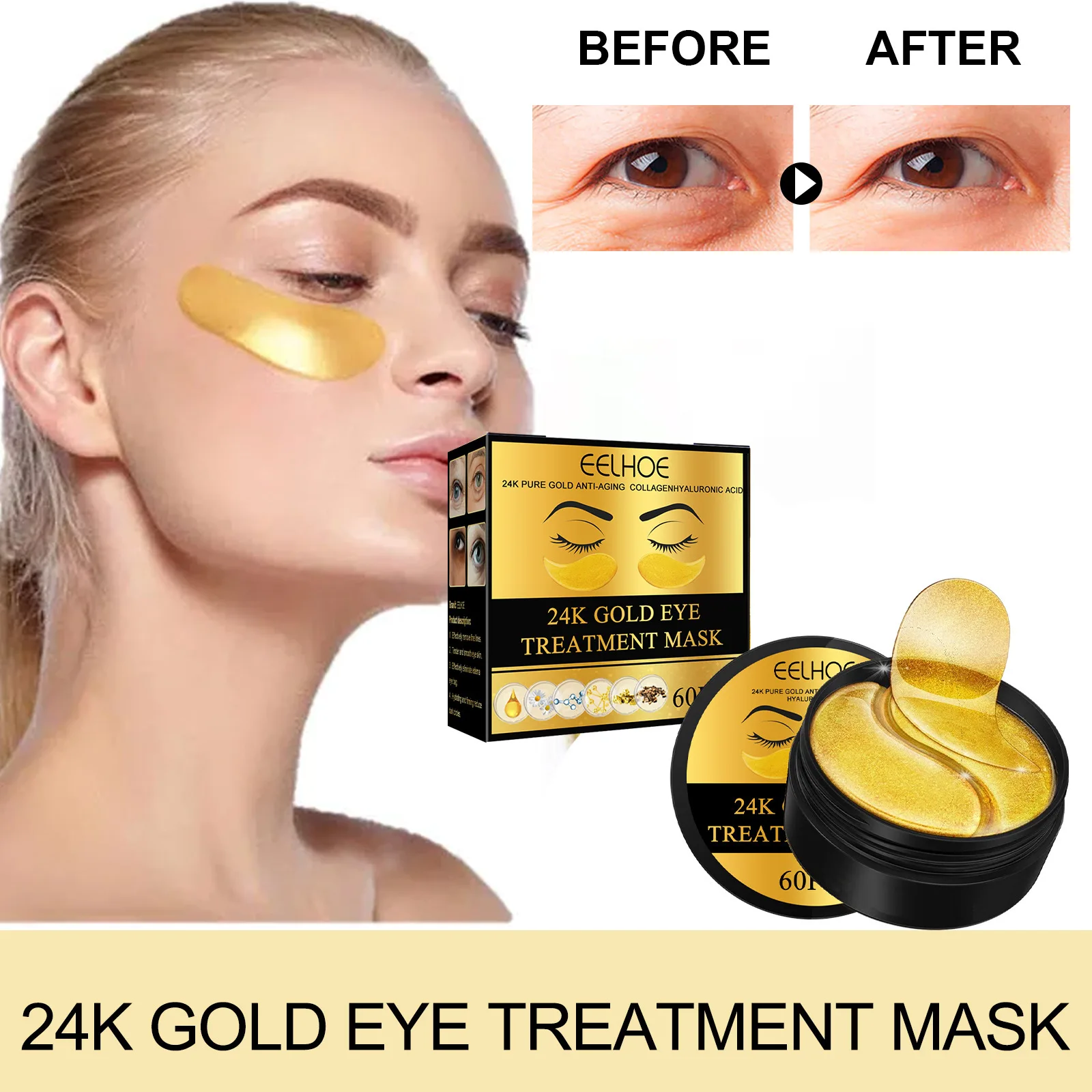 60Pc 24K Golden Eye Treatment Mask Fade Eye Bags Eye Skin Care Moisturizing Facial Mask For Women