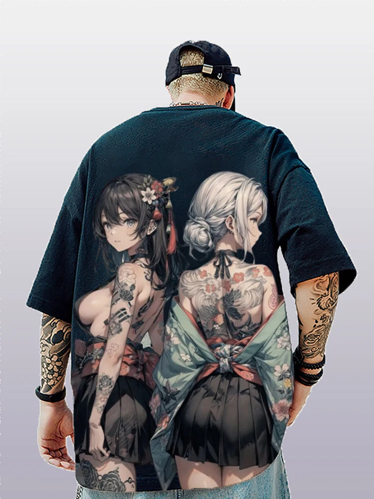 

Tatoo Anime Short Sleeve T-shirts Men Fashion Japanese Style Geisha Pattern Big Size S-5XL Tshirts Men Hip Hop Streetwear Men