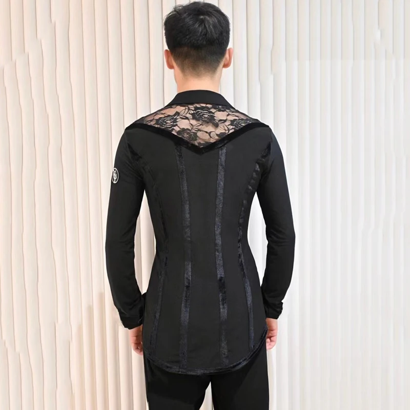 2024 Latin Dance Tops For Men Lace Long Sleeved Shirts Chacha Rumba Tango Training Clothes Latin Dance Competition Wear DQS15500