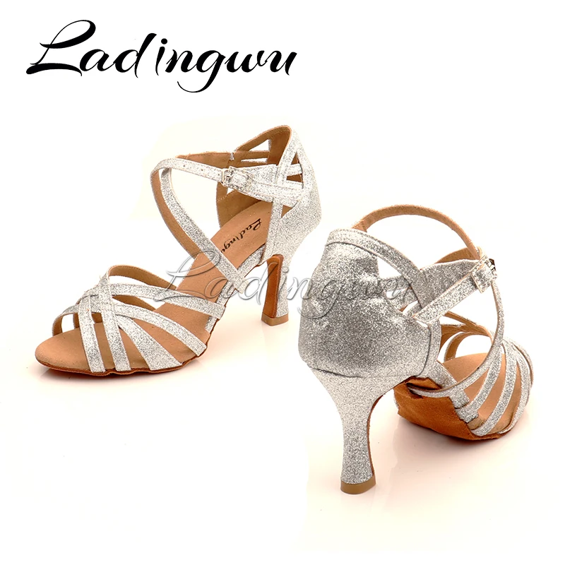 Ladingwu Silver Classic Five Belts Dance Shoes Latin Professional Ballroom Dance Shoes Soft Sole Dance Sandals