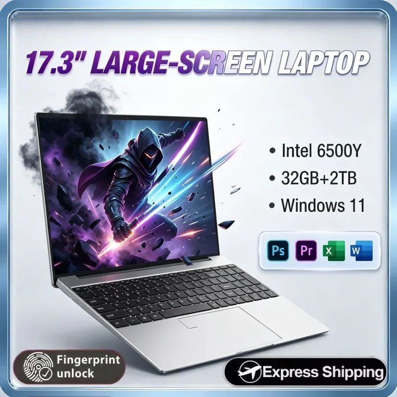 17.3 Inch Portable Notebook Intel 6500Y Windows 11 32GB RAM 2TB SSD Fingerprint Unlock For Home Use Office Work Video Watching