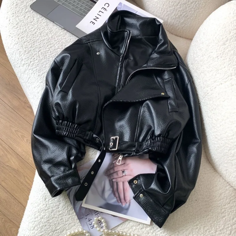 

Короткое пальто с отложным воротником, женская куртка с двойным воротником, весенне-осенняя, для невысоких, повседневная, в европейском стиле, современная блестящая мотоциклетная куртка