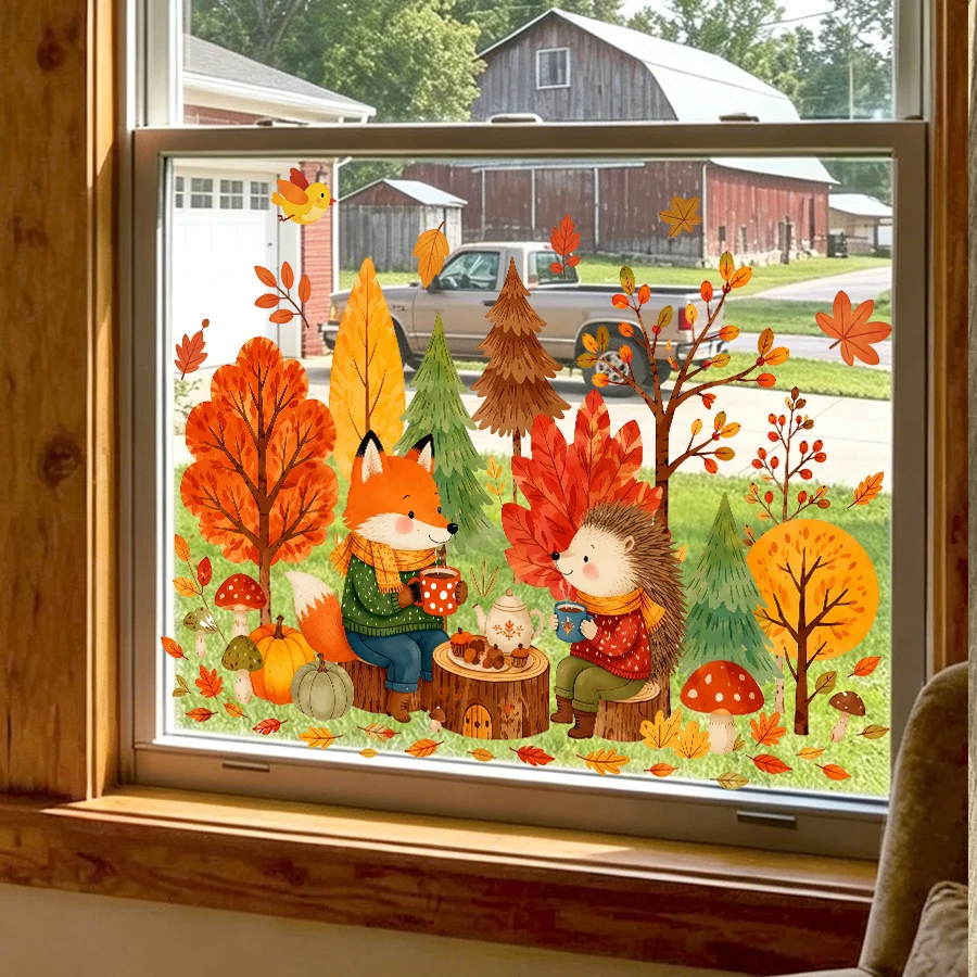 1PC Autumn Window Cling, Cute Fox Hedgehog Tea Party PVC Static Cling, Reusable 2D Fall Thanksgiving Window Decor