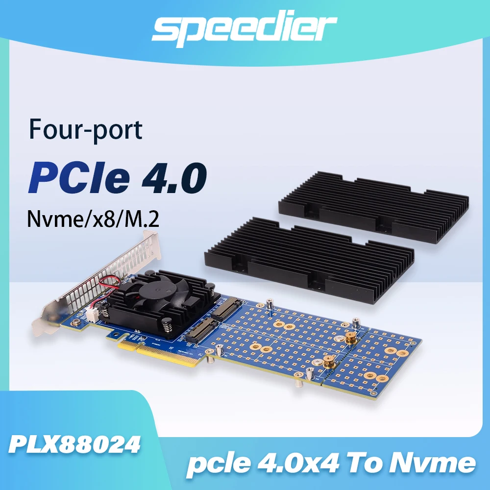 

PCIe 4.0 X4 To NVMe X8 Plx88024 Four-channel Expansion Riser Card Non-Splitting for M.2 NVMe Drives with Brackets Heat Sink