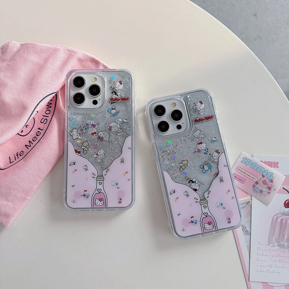 

Cartoon Cute Drifting Bottle Hello Kitty Luxury Quicksand Phone Case for IPhone 15 14 13 12 11 Pro Max Clear Back Cover Gift