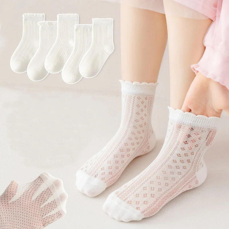 5Pairs/lot White Children's Mesh Socks For Girls Summer Thin Breathable Girl Socks Sweet Fashion Princess Lace Sock New 2-12Year