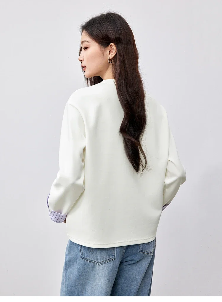 SENTUBILA Spliced Cotton Sweatshirts Women's 2025 Spring Commute Embroidery Patchwork Casual Cozy Long Sleeve Tops 151A58383