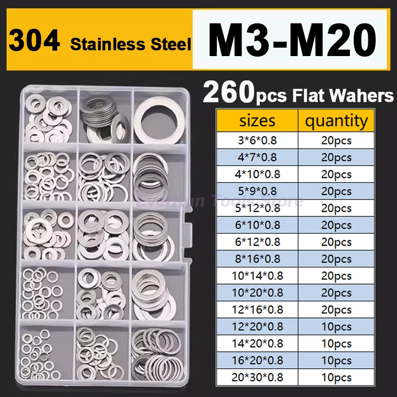 

260pcs Large Flat Washers Set 304 Stainless Steel Big Plain Gasket M3 M4 M5 M6 M8 M10 M12 M14 M16 M20 Metal Spacer Fasteners Kit