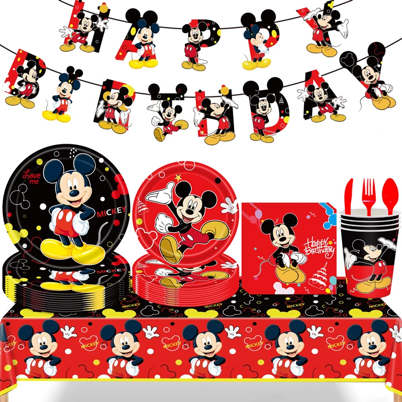 Mickey Mouse Cartoon Theme Party Decoration Disposable Paper Plate Paper Towel Tablecloth Pull Flag Knife Fork Spoon Birthday Pa