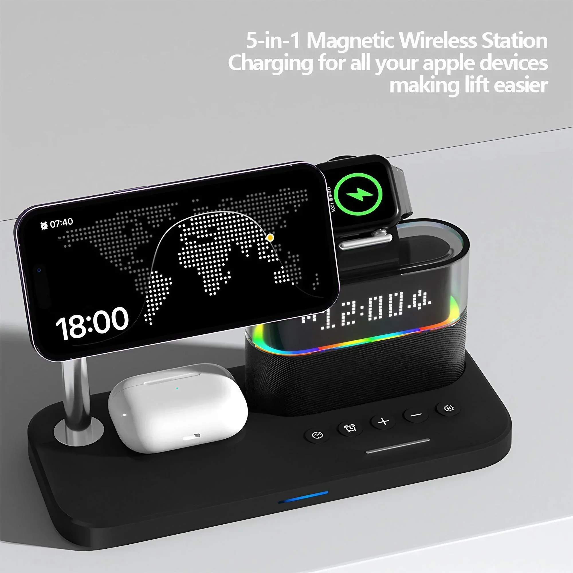 STOENGO 15W 5 in 1 Magnetic Wireless Charger Clock Wireless Charger for IPhone IWatch Ultra AirPods Samsung Fast Charging