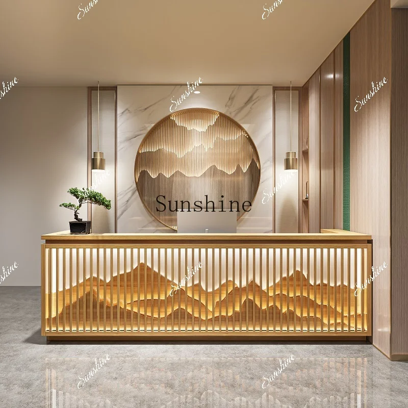 New Chinese modern bar counter Teahouse with lamp health center counter custom solid wood reception desk  FT