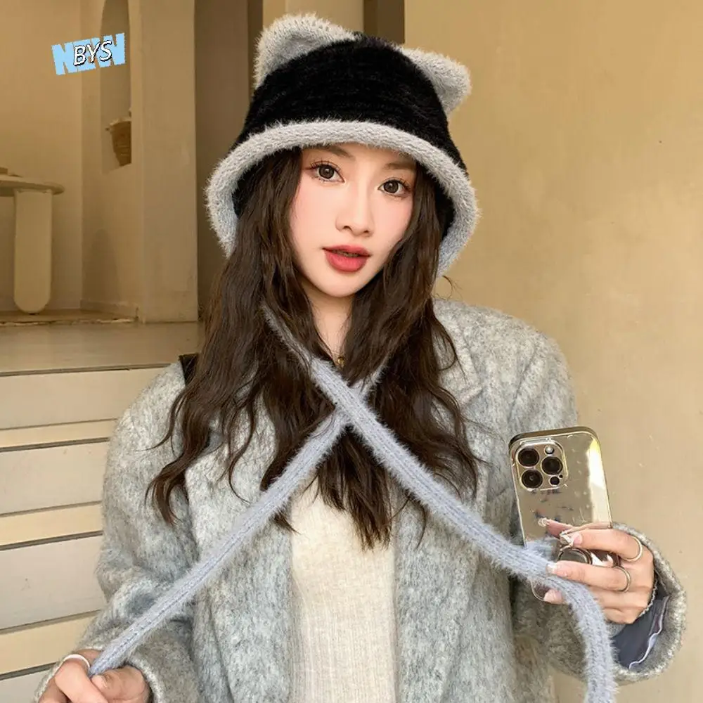 

Trendy Korean Style Cute Cat Ear Hat Plush Casual Faux Fur Bucket Hat Ear Protection Warm Women Fluffy Hats Skiing