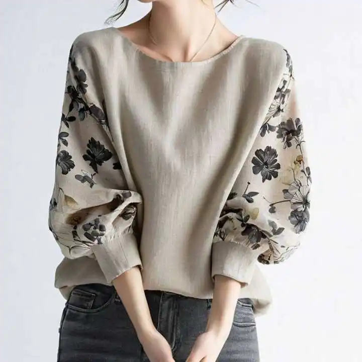 

2025 Autumn New Women's Shirt Round Neck Printed Nine-quarter Sleeve Top