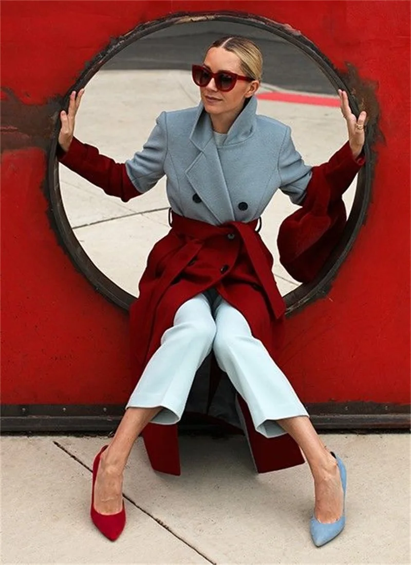 Costume Long pour femmes, couleur épissage, Blazer, pardessus en laine avec ceinture, sur mesure, veste d'hiver épaisse en cachemire, rouge, gris, Trench-Coat