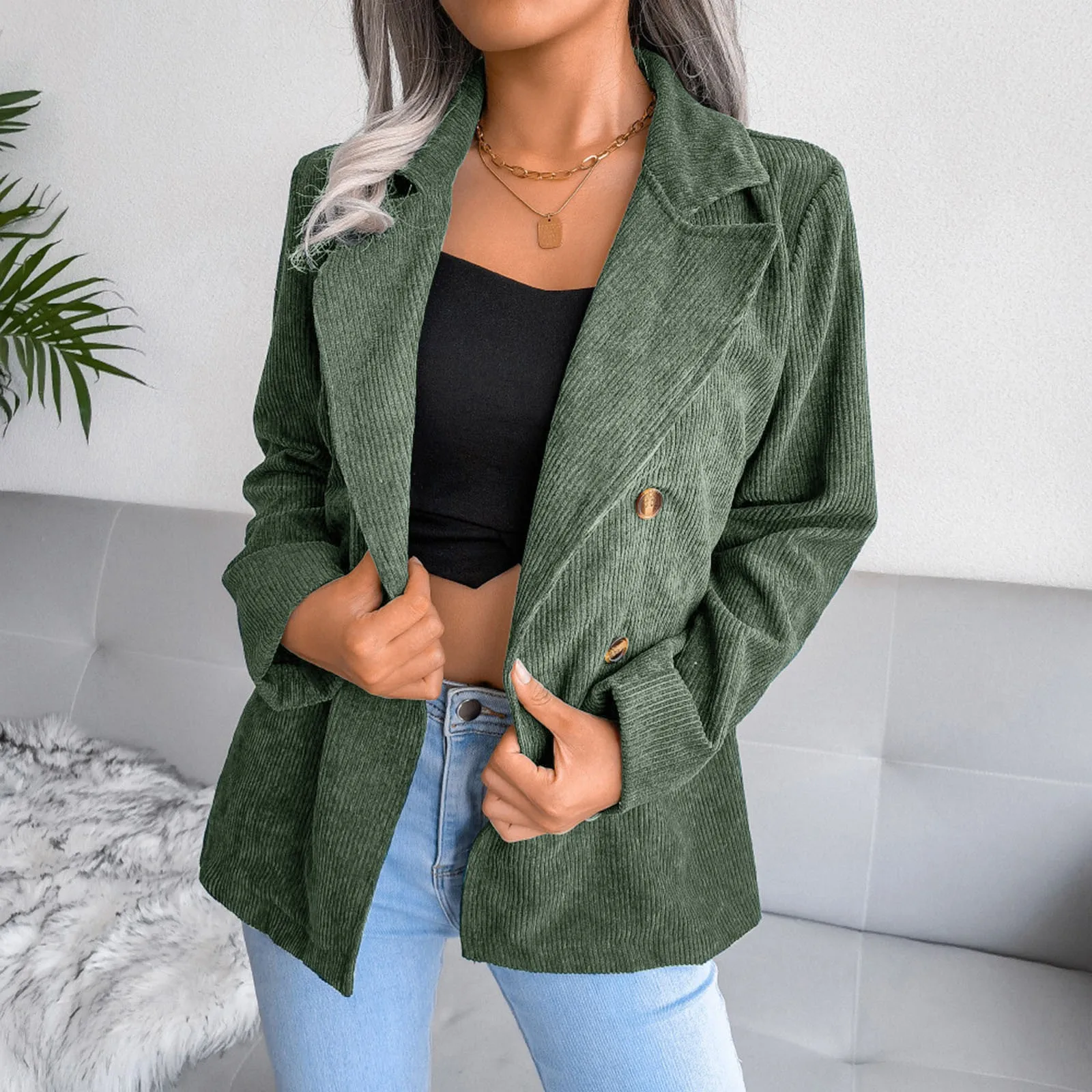 Retro Corduroy Blazer For Women Elegant Double Breasted Jackets Notched Collar Autumn Winter Coat Outerwears Blazer Mujer