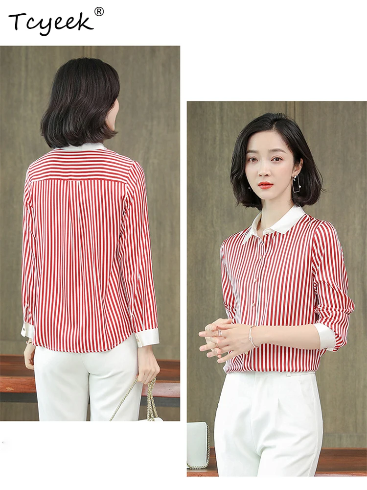 Tcyeek 2023 90% หม่อนผ้าไหมฤดูใบไม้ผลิผู้หญิงลายเสื้อTurn-DownคอยาวแขนยาวลําลองNicheเดินทางเสื้อT38502FD