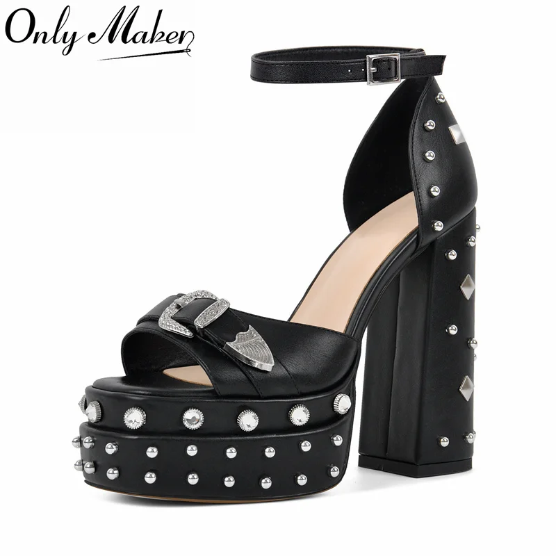 

Onlymaker Women Square Open Toe Rivet Double Platform Sandals Strap Buckle Chunky Cover Heel Gladiator Sandals